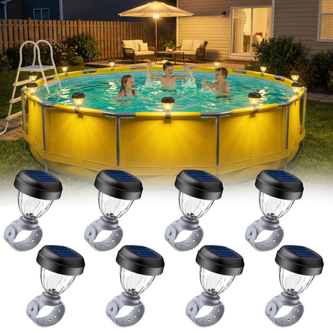 JEMULICE solar pool light on edge highlighting safe edge lighting for evenings.