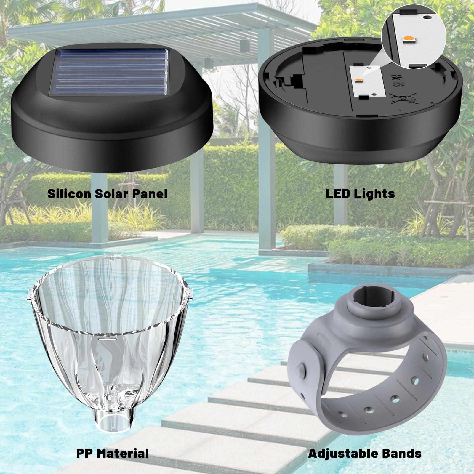 JEMULICE solar pool light night-automatic turns on at dusk for hands-free ambiance.