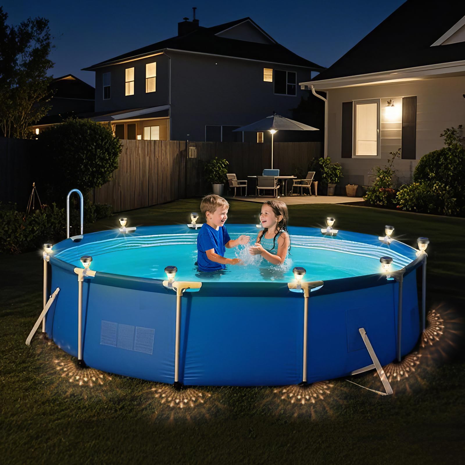 JEMULICE solar pool lights around the trampoline area offer ambient safety lighting.