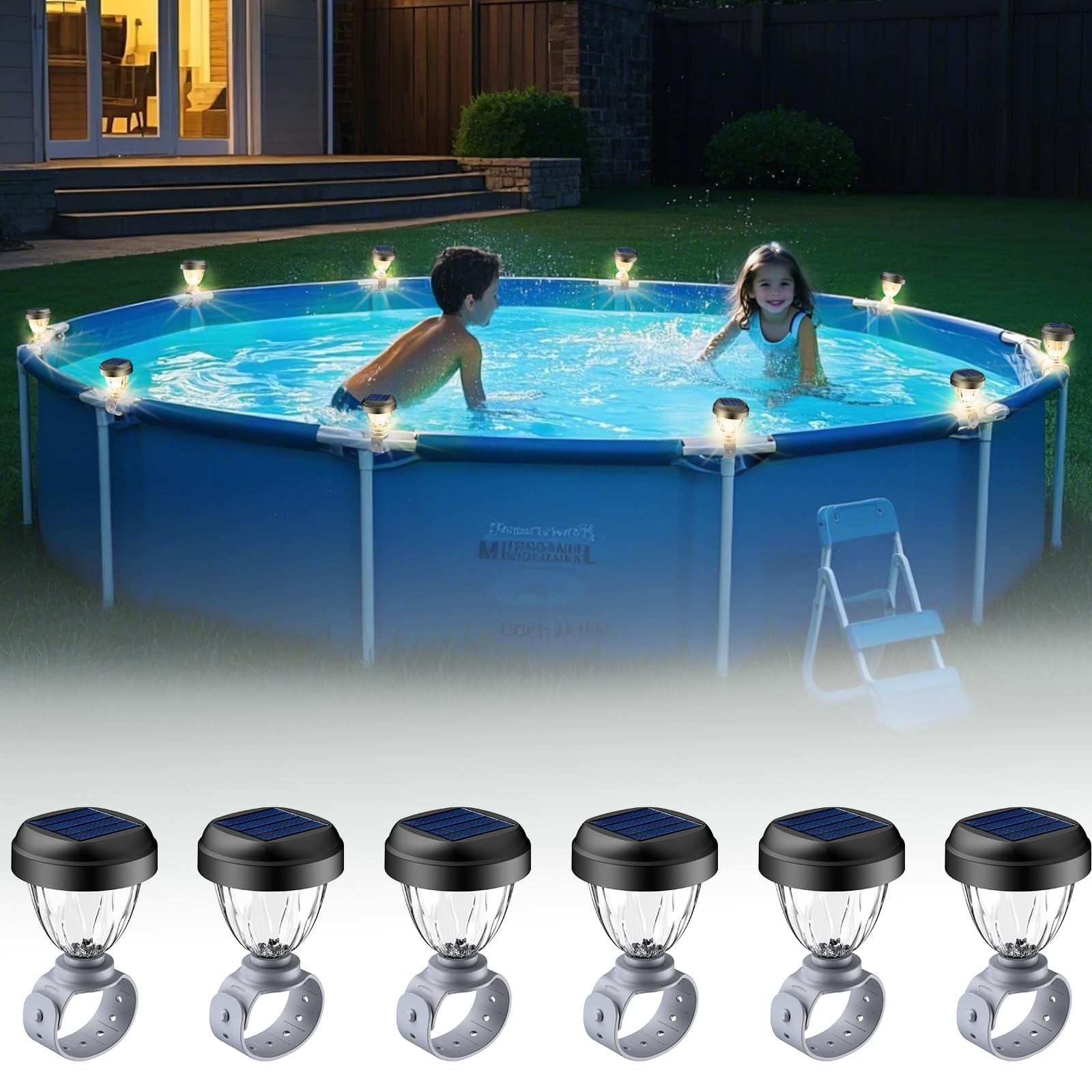 JEMULICE solar pool lights along the edge of the pool provide a welcoming glow.