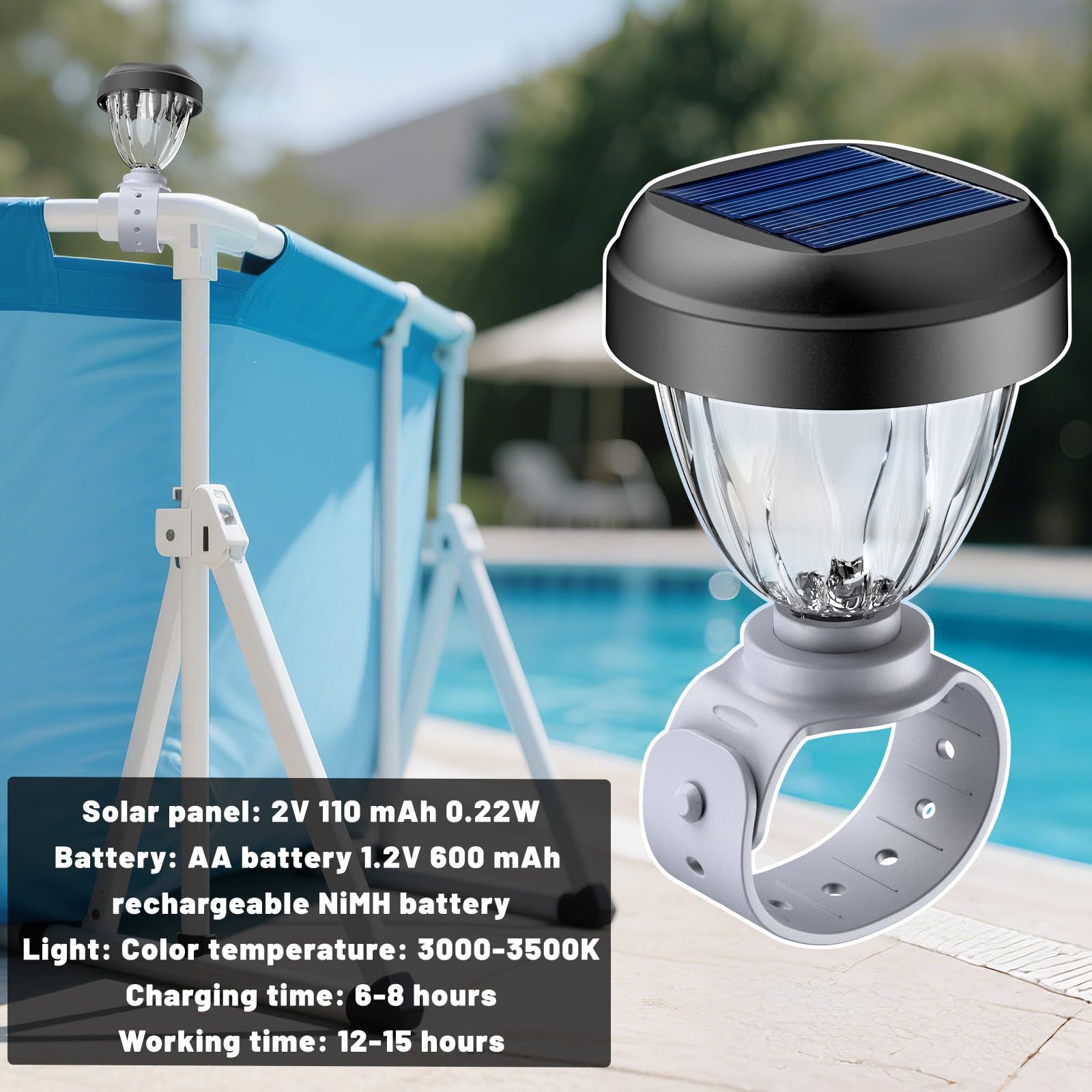 JEMULICE solar pool lights on frame pools enhance night-time visibility.