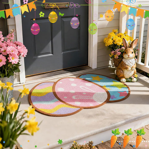 Jenaai Easter doormat measures 17 by 29 inches for doorways