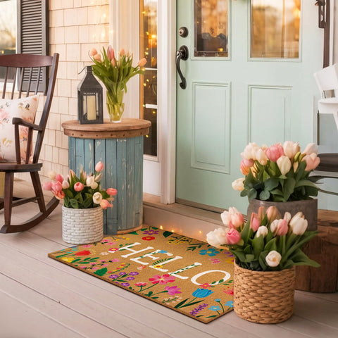 Jenaai Floral pattern mat adds curb appeal to porch or entryway.