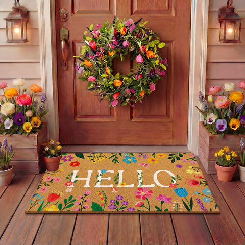 Jenaai Front door spring decor mat welcomes guests seasonally.