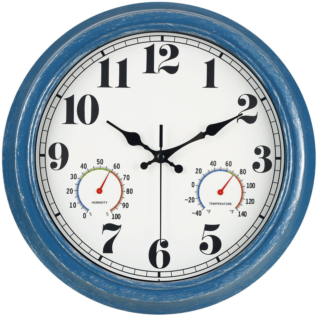 Jenlystime 13-inch outdoor clock face in blue with large numbers for easy reading.