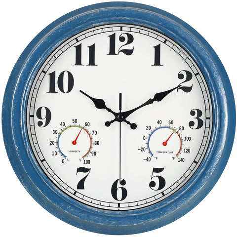 Jenlystime 13-inch outdoor clock face in blue with large numbers for easy reading.