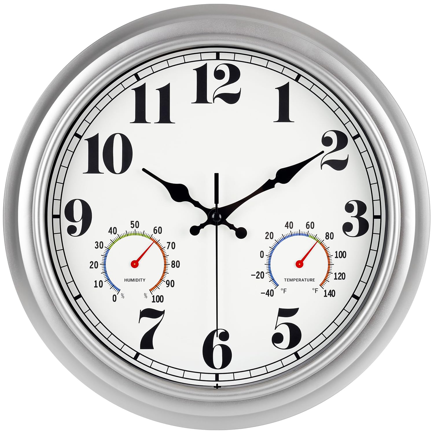 JENLYSTIME 13-Inch outdoor clock with silver face for easy outdoor time reading.