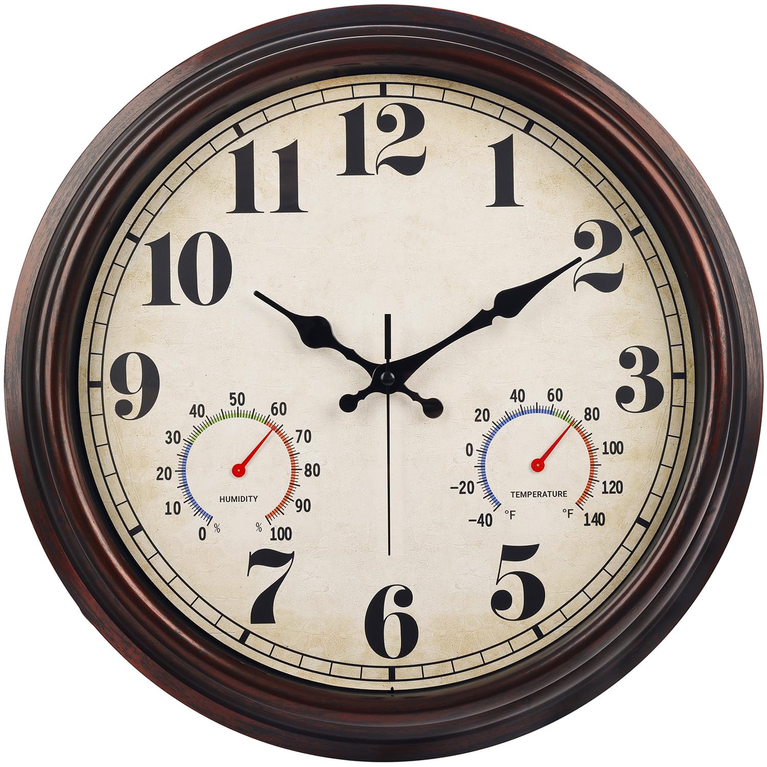 JENLYSTIME 16-inch dark brown wall clock with large numerals for easy outdoor viewing.
