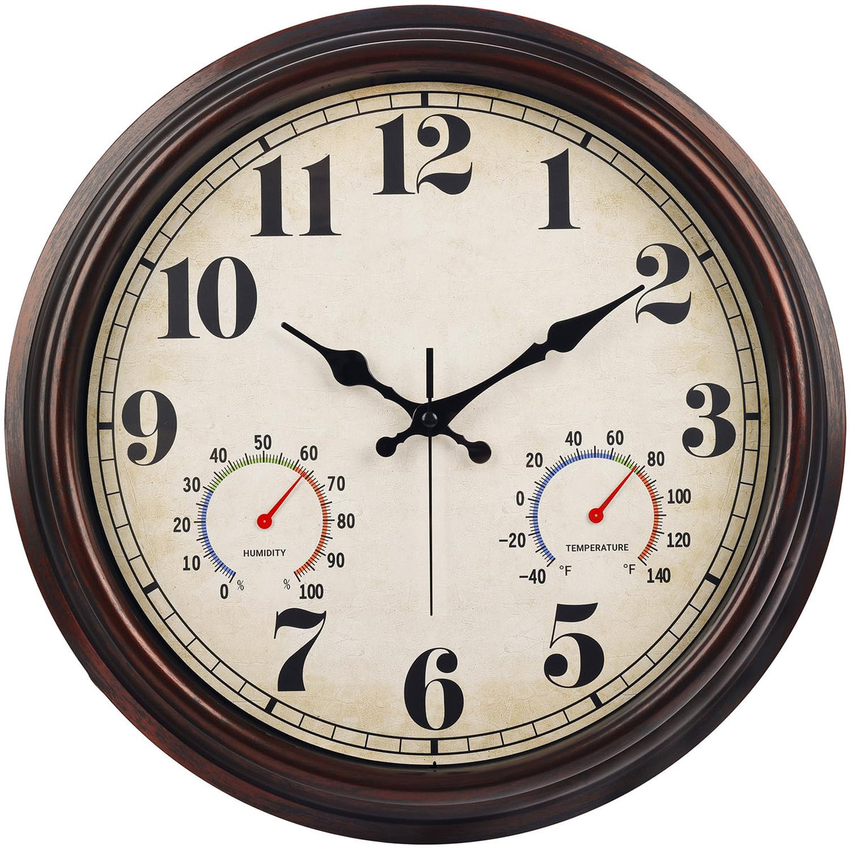 JENLYSTIME 16-inch dark brown wall clock with large numerals for easy outdoor viewing.