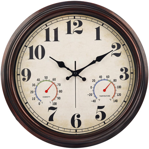 JENLYSTIME 16-inch dark brown wall clock with large numerals for easy outdoor viewing.