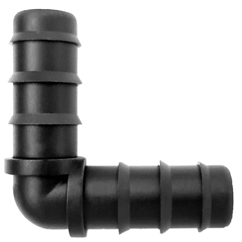 Jepeux drip irrigation elbow connector close-up for a 90-degree, leak-minimizing fit on 16mm hoses