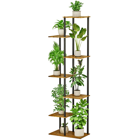 JEPRECO 7-tier plant stand, angled view, rustic brown finish ideal for compact indoor gardening.
