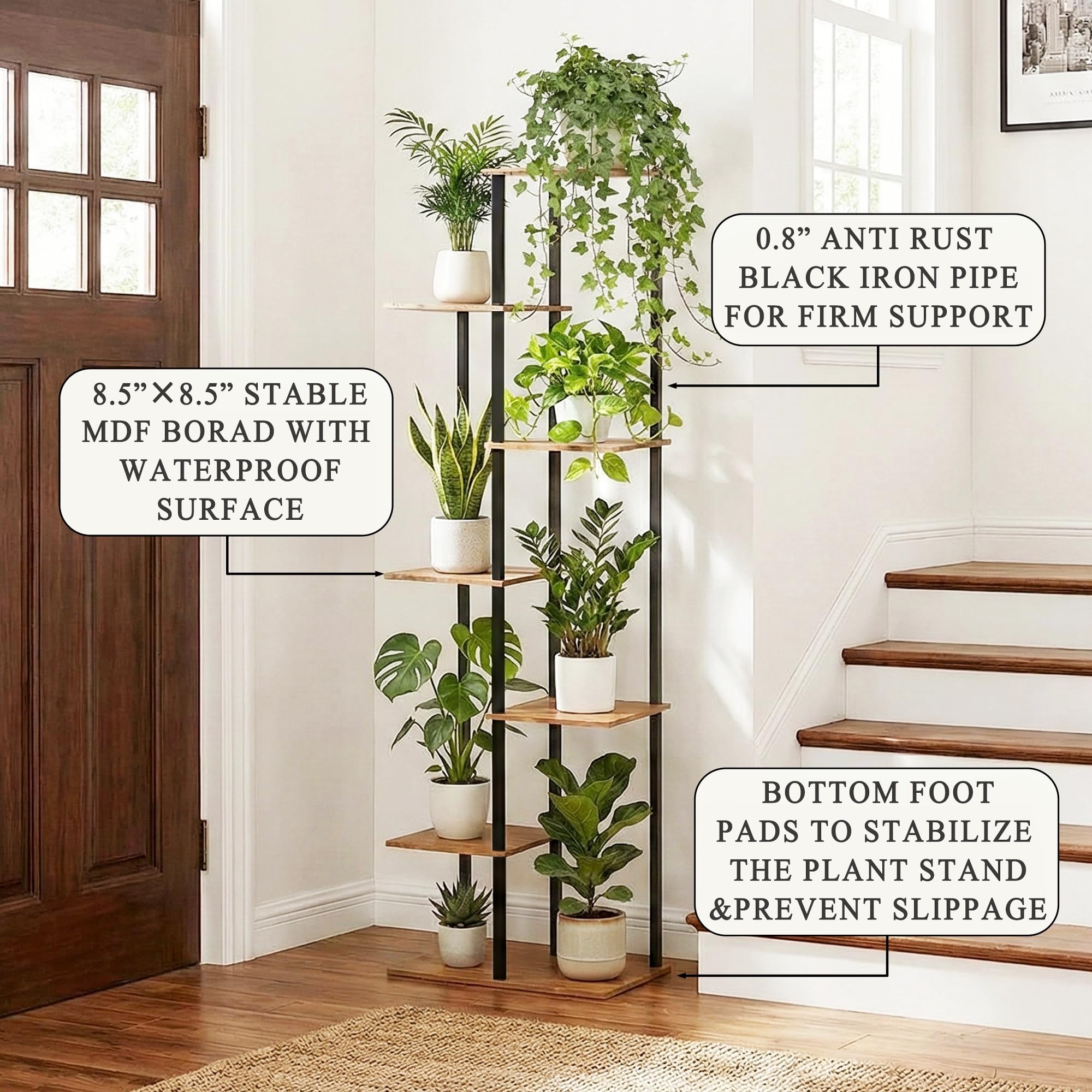 JEPRECO 7-tier plant stand, side view demonstrates sturdy rustproof metal frame and wood shelves.