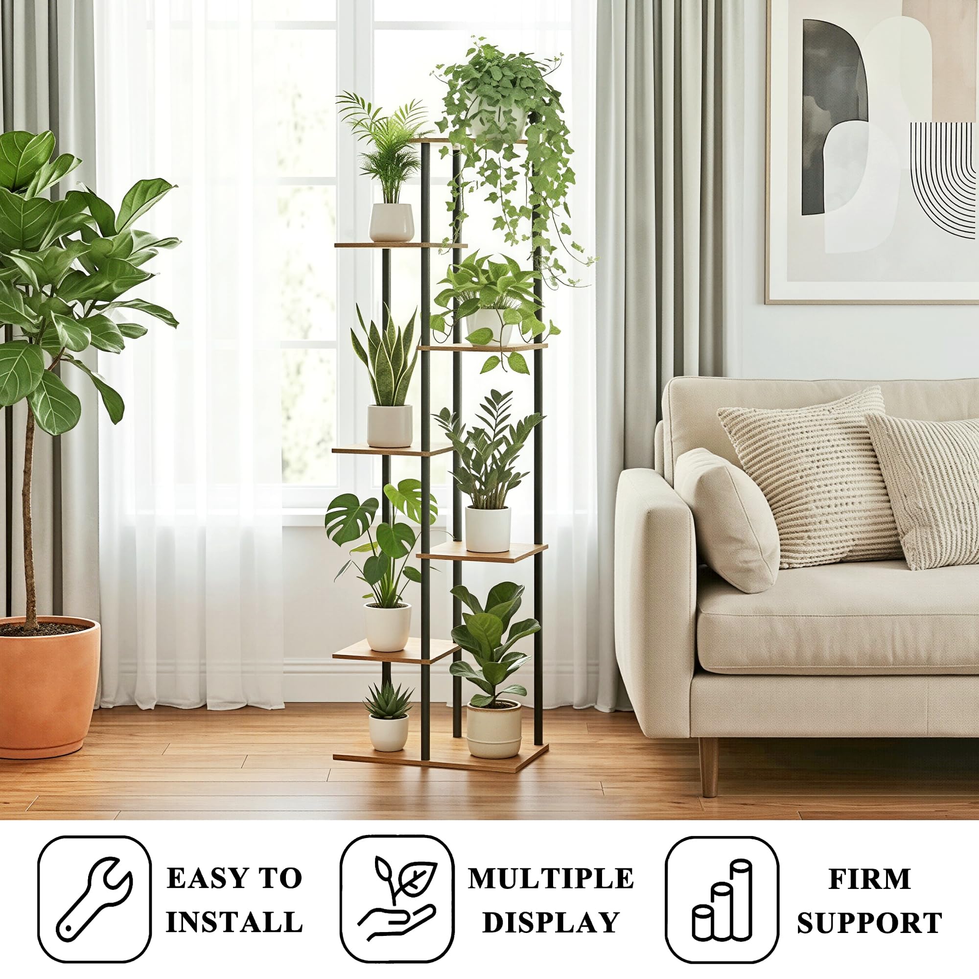 JEPRECO plant stand close-up highlights MDF shelves and smooth timber finish.