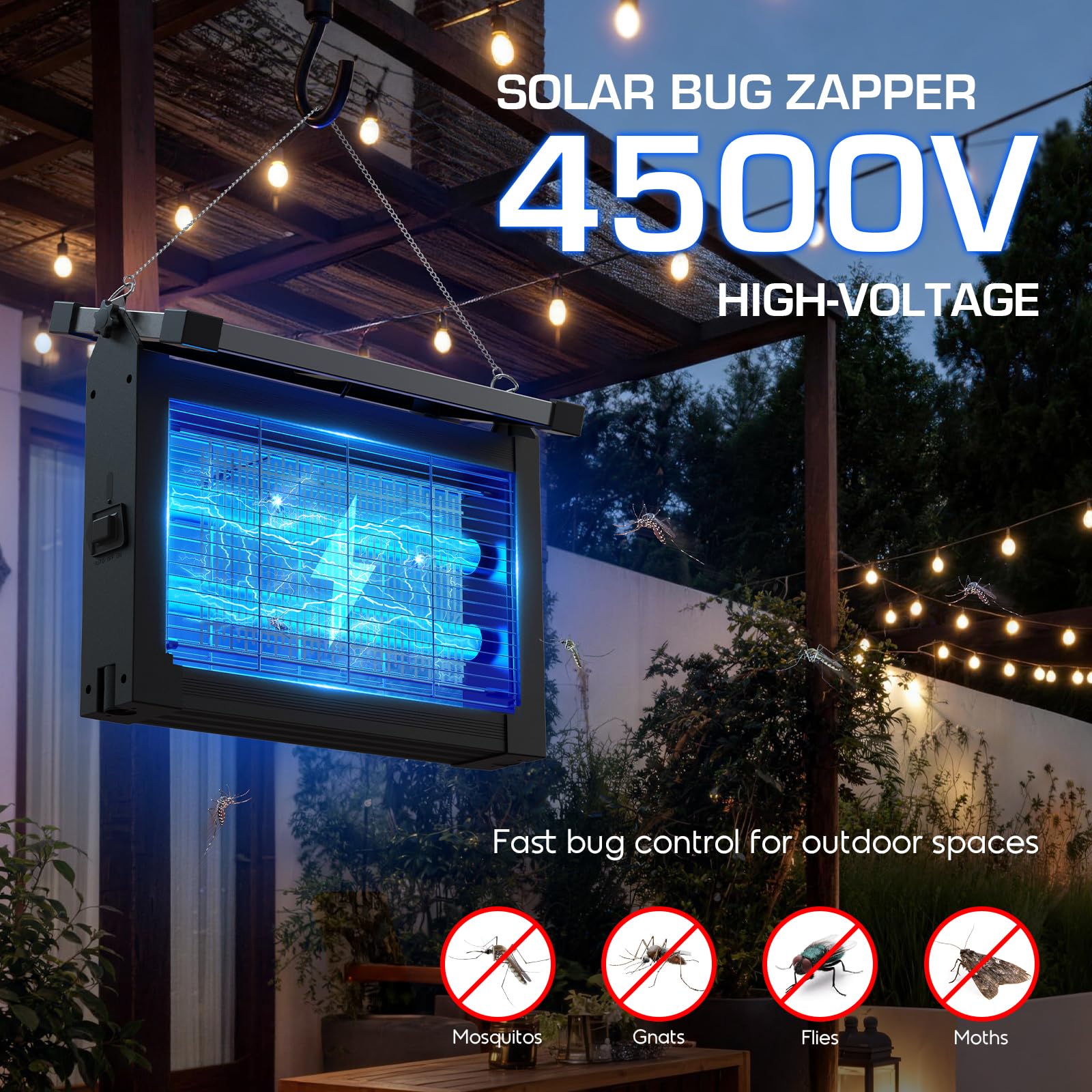 Jepwe solar panel charging this zapper for cord-free operation.