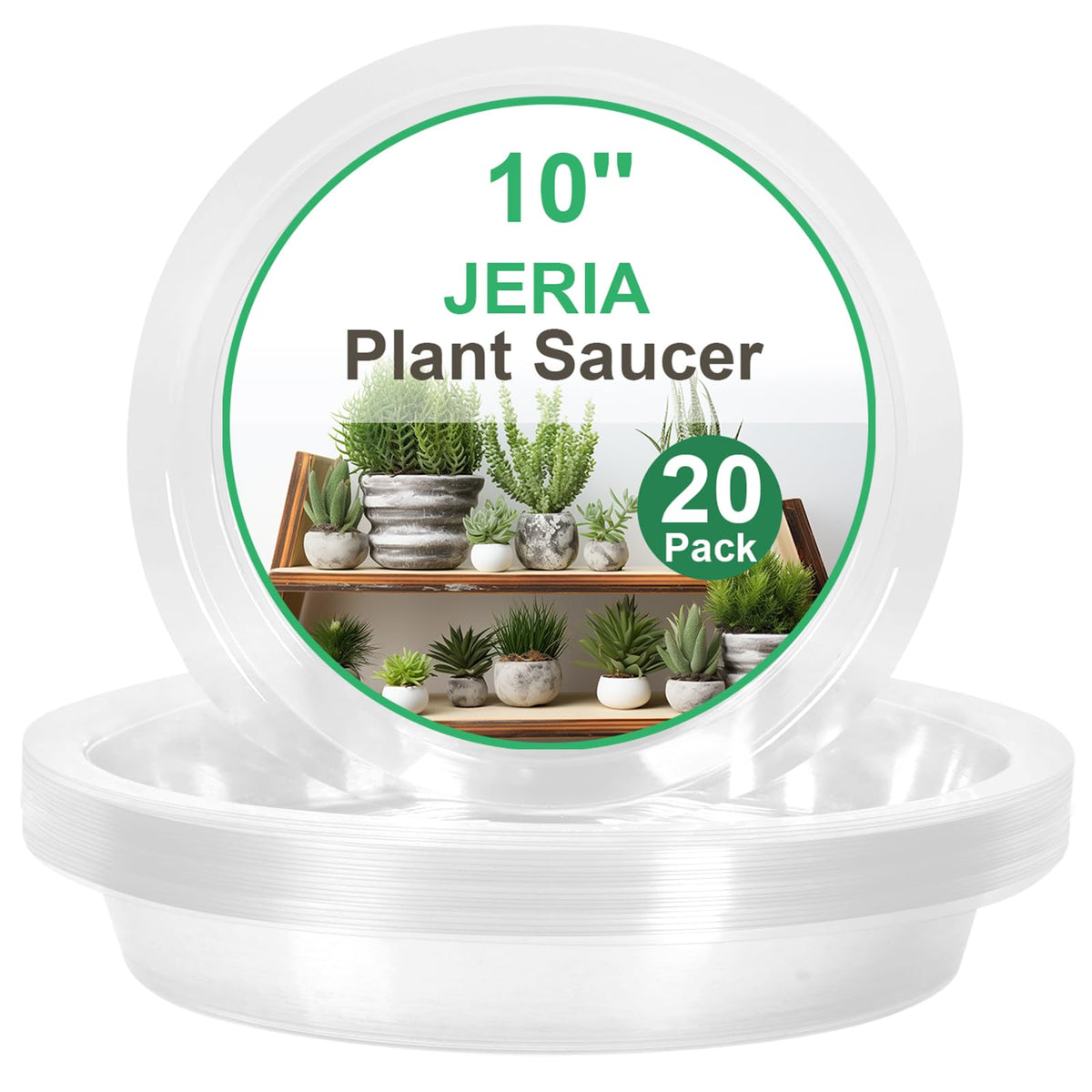 JERIA 10-inch clear plant saucer under a pot showing surface protection and clarity