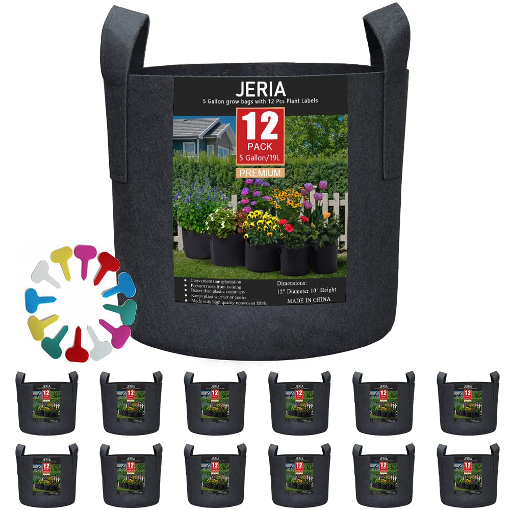 JERIA 12-pack 5 gallon grow bags with reinforced handles for portable balcony gardens.