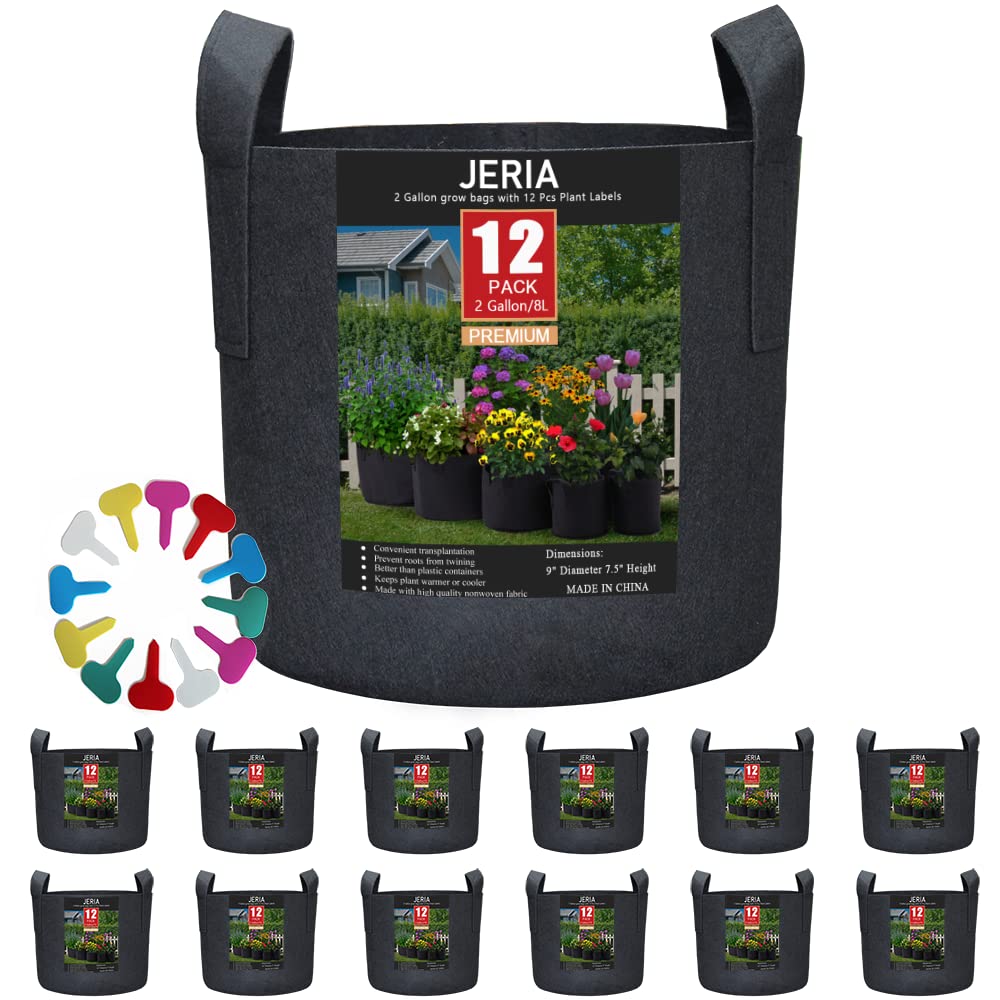 JERIA 12-pack grow bags show breathable fabric for healthier roots.