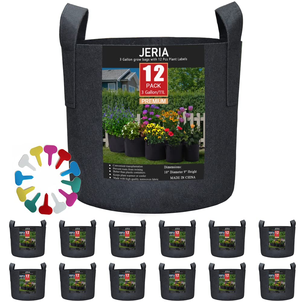 JERIA 12-pack 3-gallon grow bags ready for compact vegetable gardening on balconies.