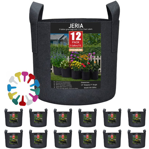 JERIA 12-pack 3-gallon grow bags ready for compact vegetable gardening on balconies.