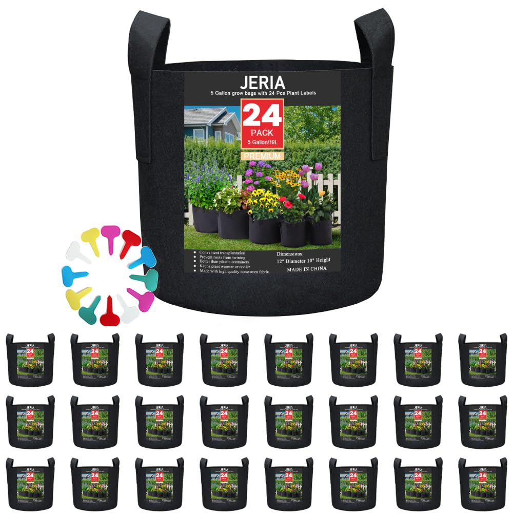 JERIA 24-pack 5-gallon grow bags promote healthy root aeration for garden setups.