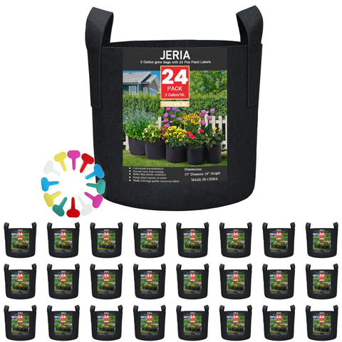 JERIA 24-pack 5-gallon grow bags promote healthy root aeration for garden setups.