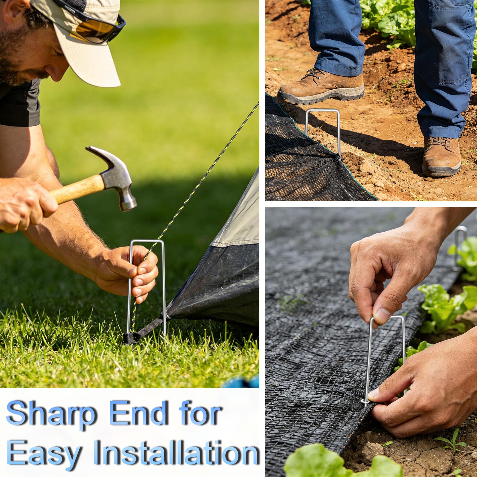 JERIA landscape fabric pins secure fabric and plastic sheeting easily.