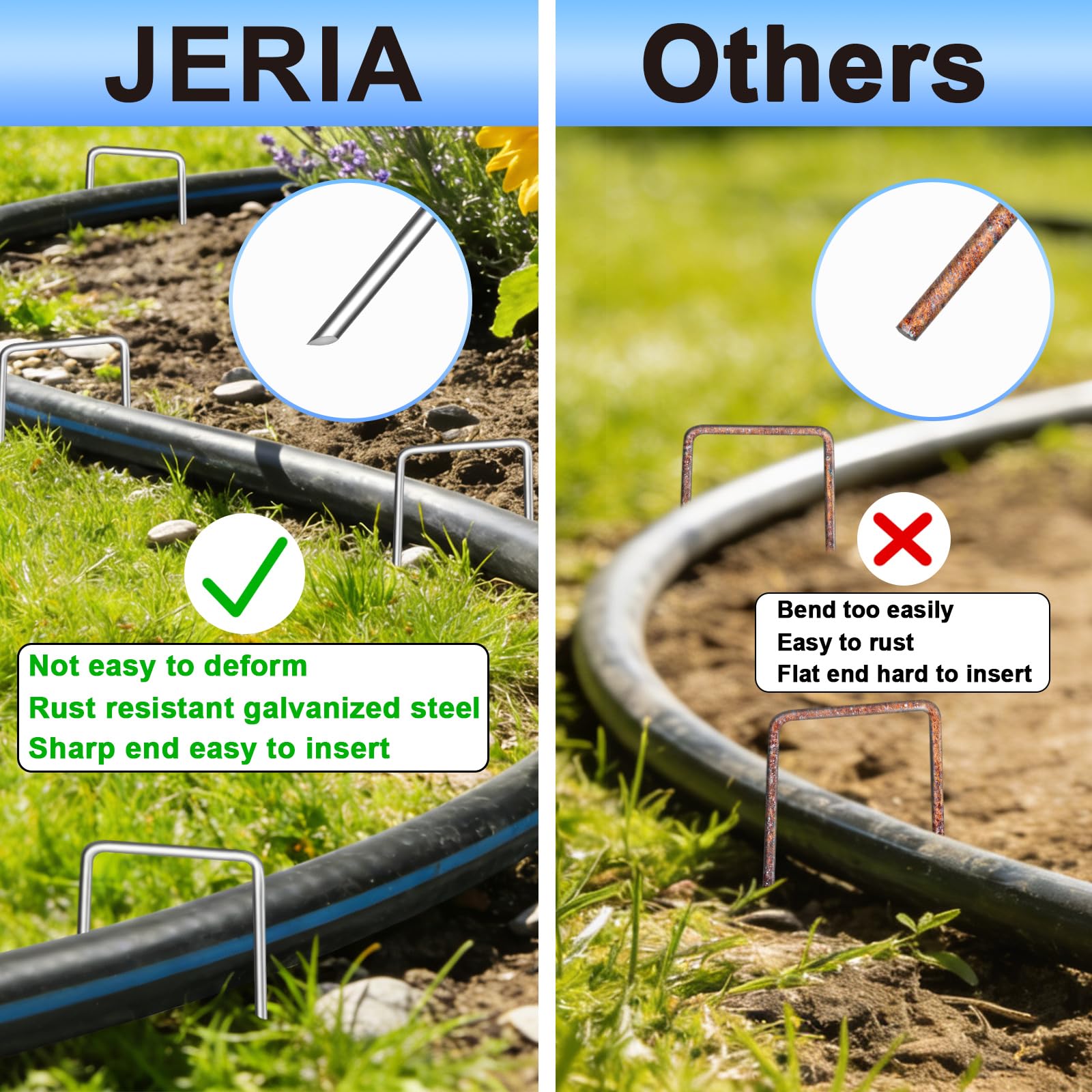 JERIA ground-stakes adapt to various ground covers and edging needs.