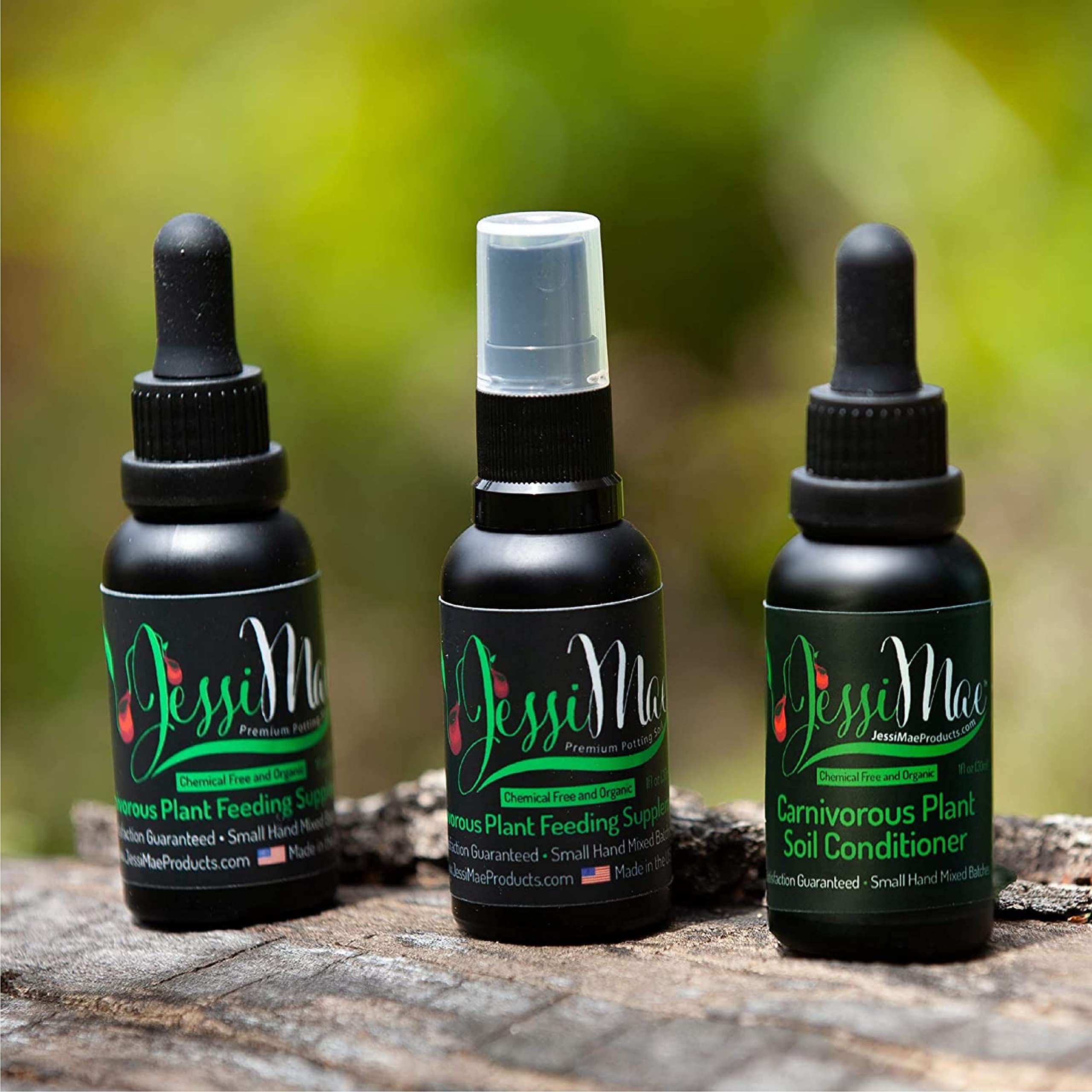 Made in USA label on Jessi Mae Drops highlights quality carnivorous plant nutrition.