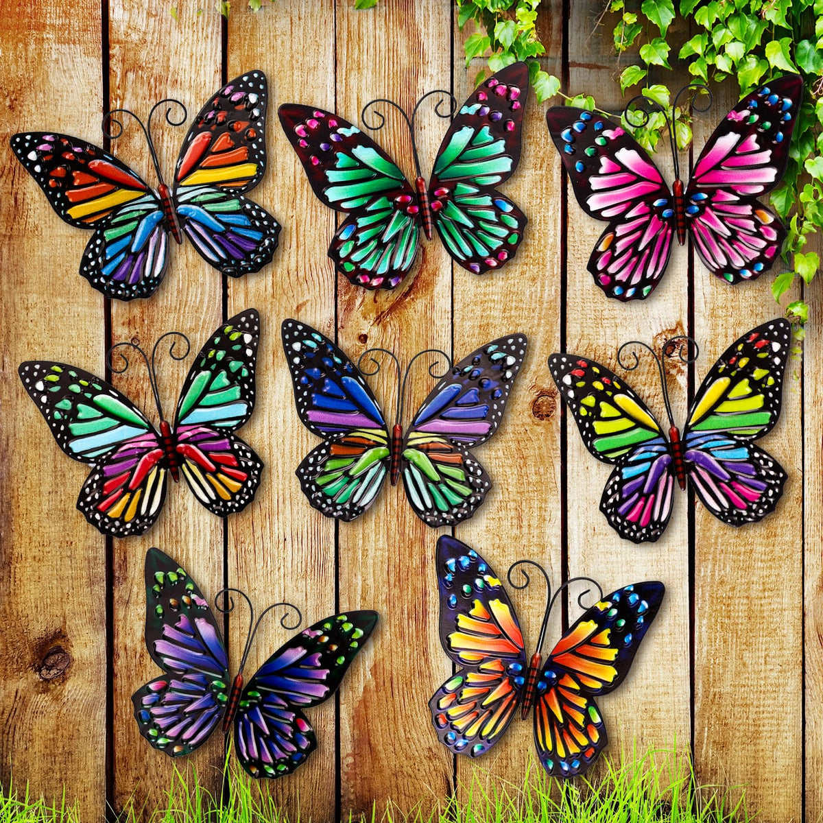 Jetec eight-piece butterfly wall decor in vibrant colors for outdoor spaces.
