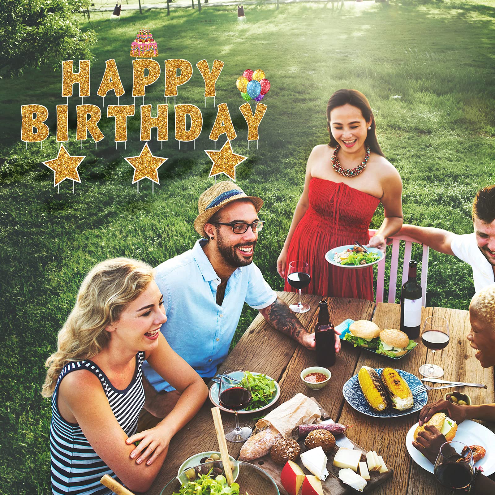Jetec cake-shaped sign enhances birthday backdrop for photos and lawn decor.