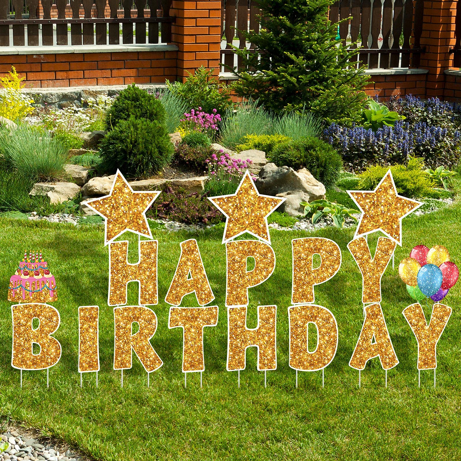 Jetec birthday yard set creates a festive outdoor backdrop for gatherings.