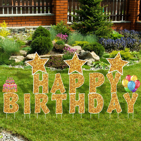 Jetec birthday yard set creates a festive outdoor backdrop for gatherings.