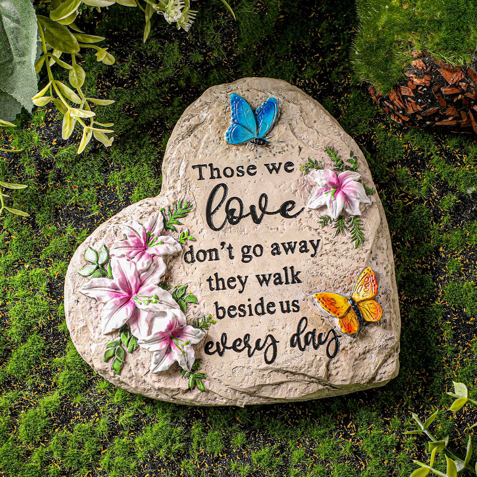 Jetec memorial garden stone with heart and butterfly design for outdoor remembrance.