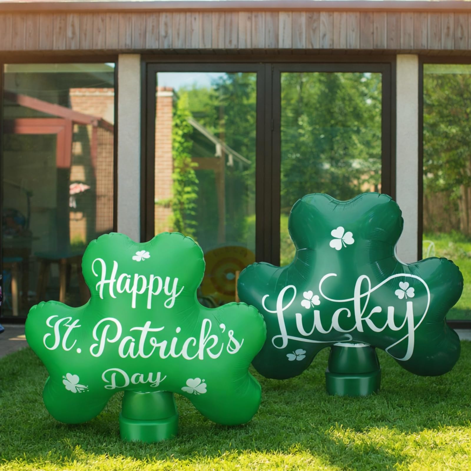 Jetec shamrock inflatable brightens yard with festive St. Patrick's Day display.