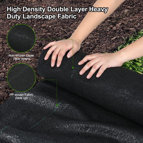 Jevrench landscape fabric laid over mulch showing dual-layer durability and sun protection
