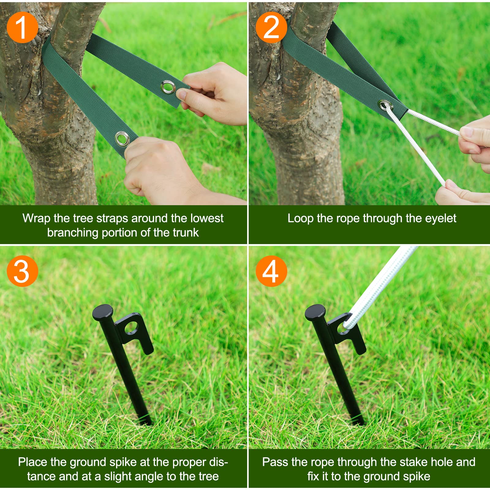 Jevrench tree stake kit components laid out for easy assembly