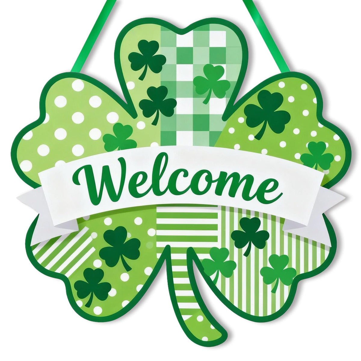 JEVUVU St. Patrick's Day wooden welcome sign, front view, enhances curb appeal for porches.