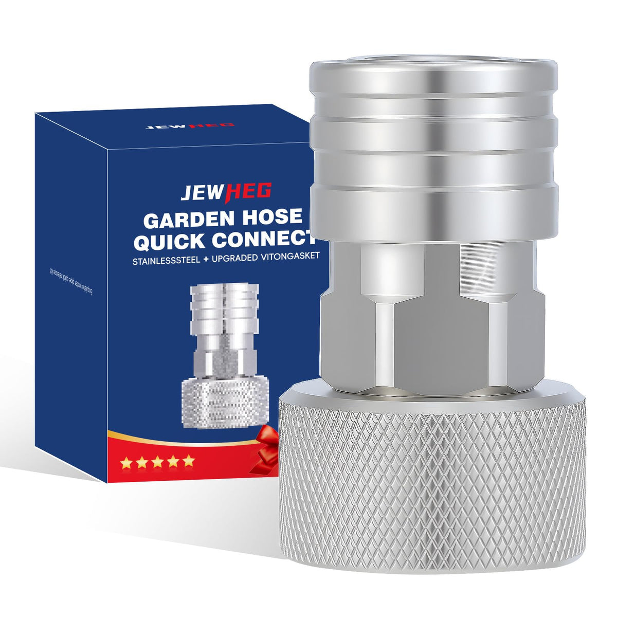 Jewheg garden hose to pressure washer adapter showing stainless steel body for durability.