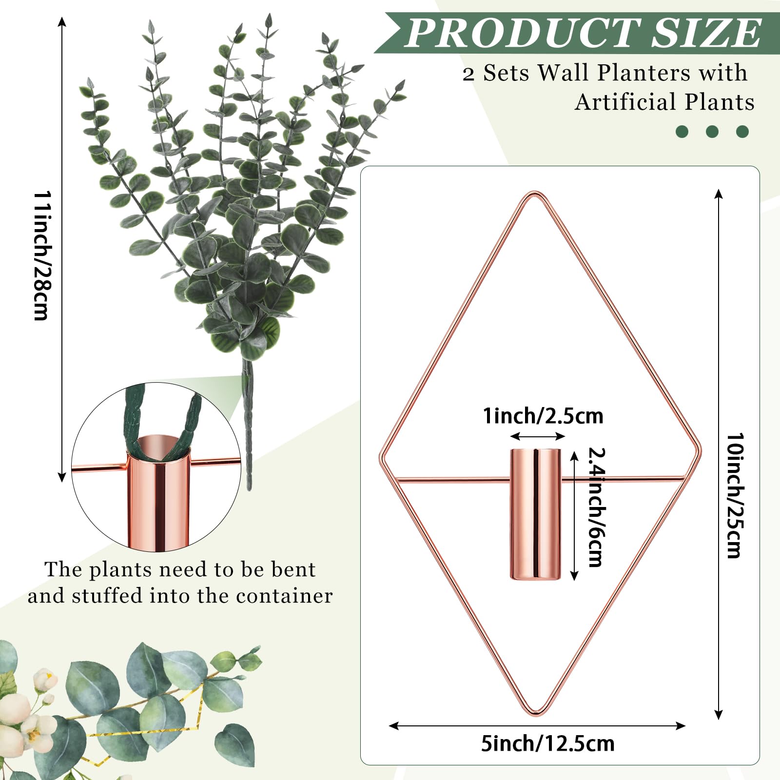 Artificial eucalyptus sits in the center tube for maintenance-free greenery.
