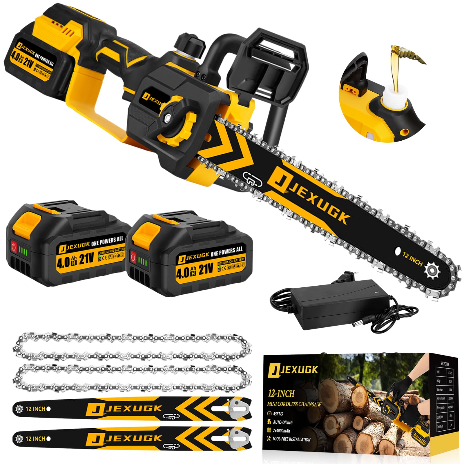 JEXUGK 12 inch brushless chainsaw in action, cutting wood smoothly