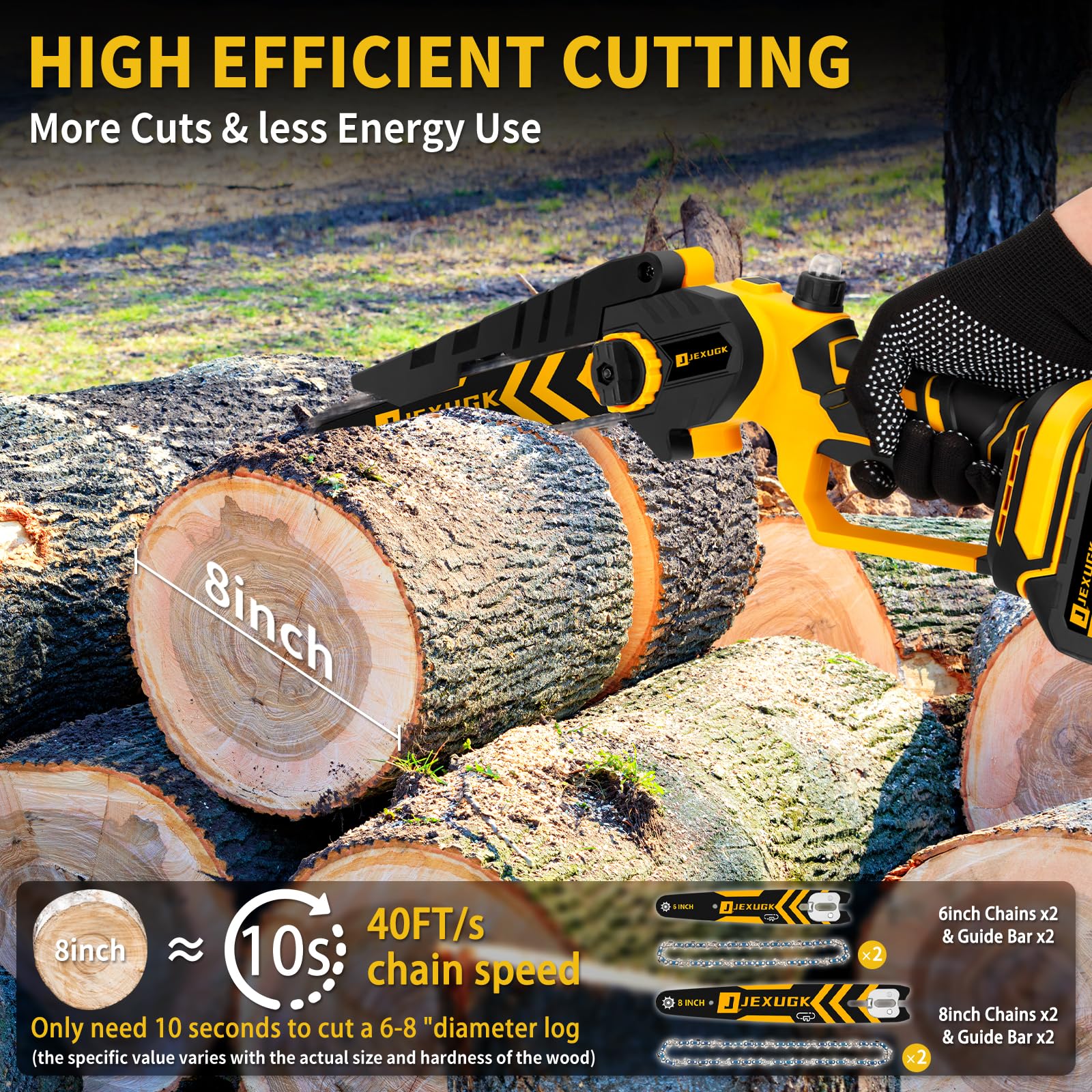 JEXUGK brushless mini chainsaw with 8-inch guide installed for larger cuts