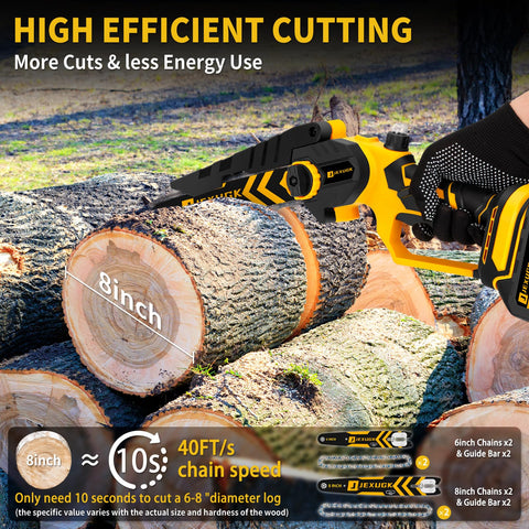 JEXUGK brushless mini chainsaw with 8-inch guide installed for larger cuts