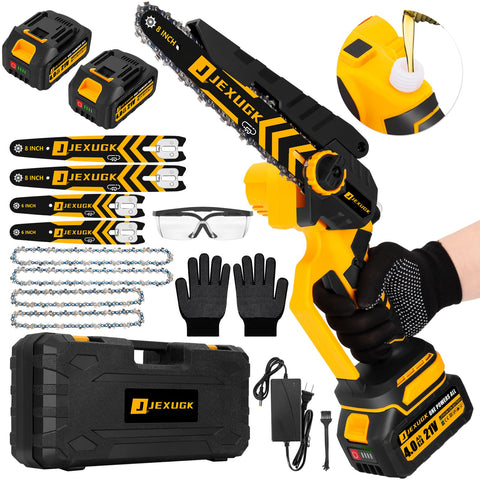 JEXUGK brushless mini chainsaw kit laid out for DIY projects and extended use