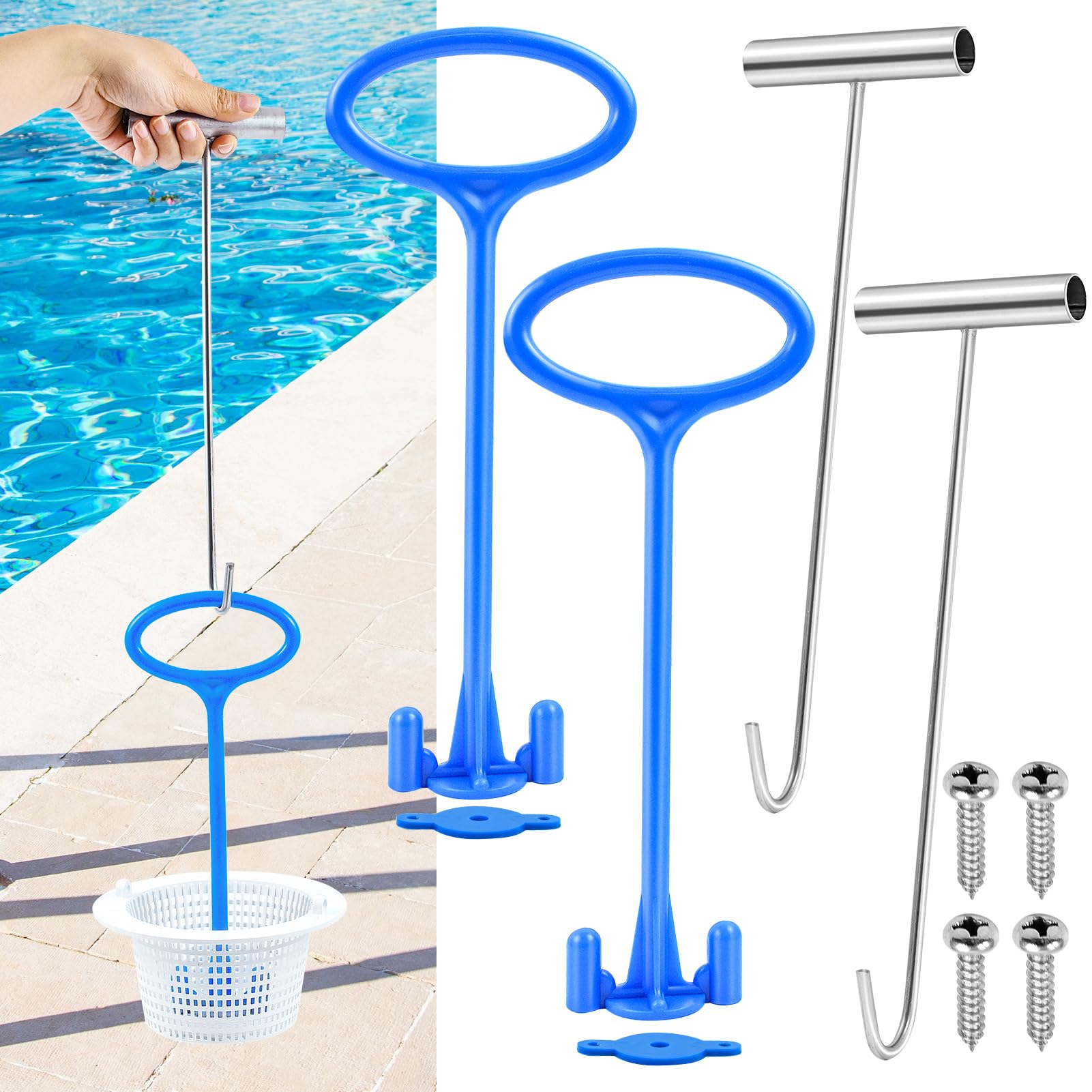 Jeyeou blue skimmer handle attached to basket for easy debris removal