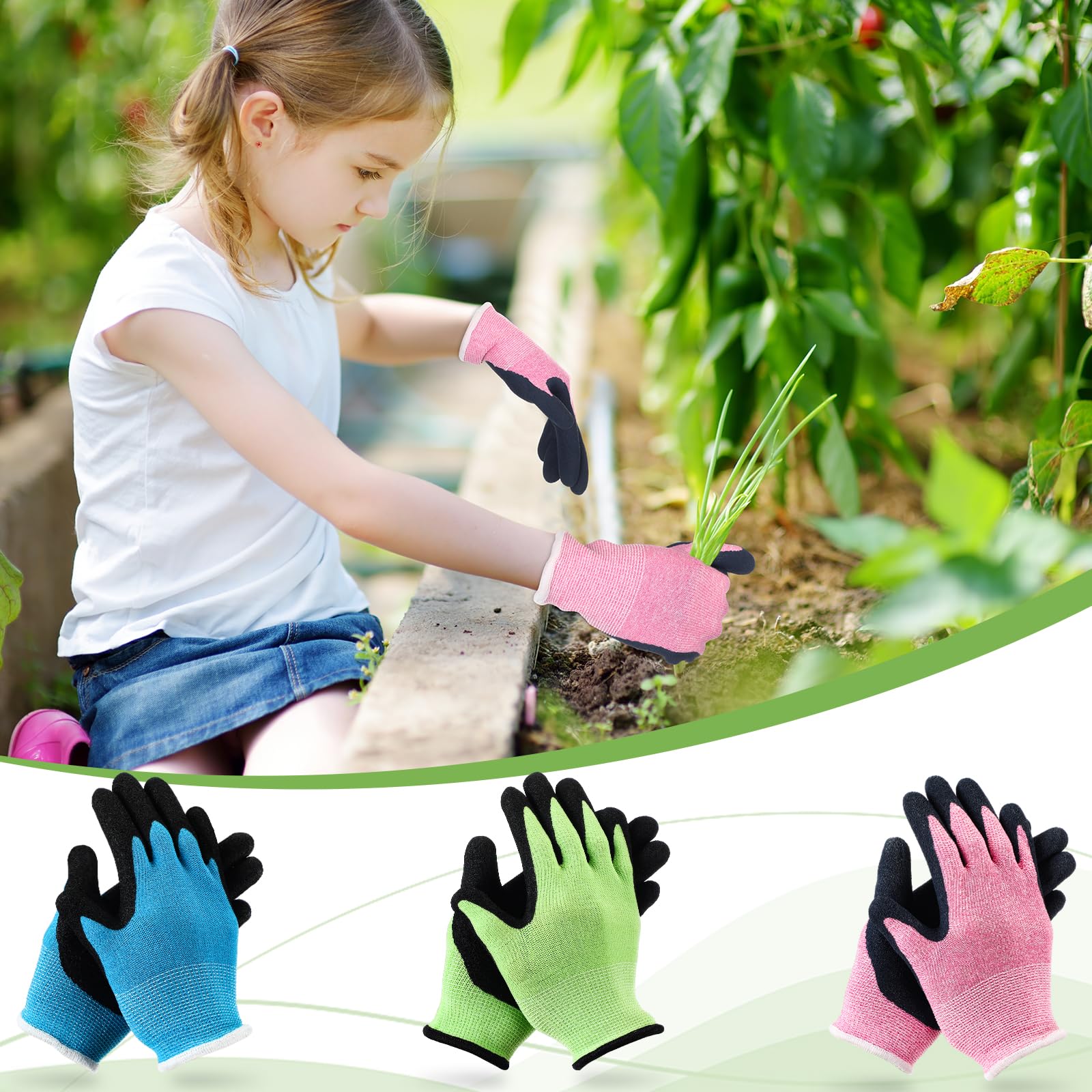 Jeyiour kids gardening gloves blue, foam rubber coating helps secure tool grips
