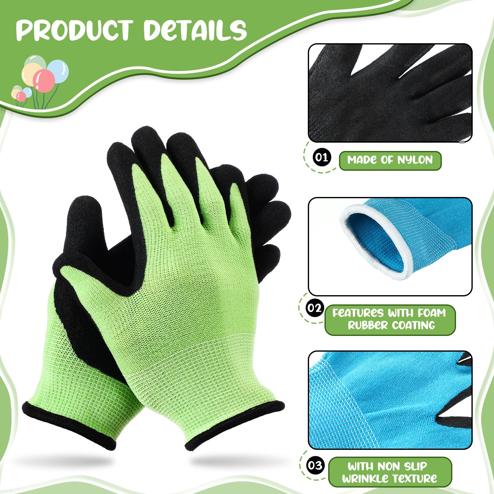 Jeyiour kids gardening gloves green, breathable nylon for comfortable outdoor play