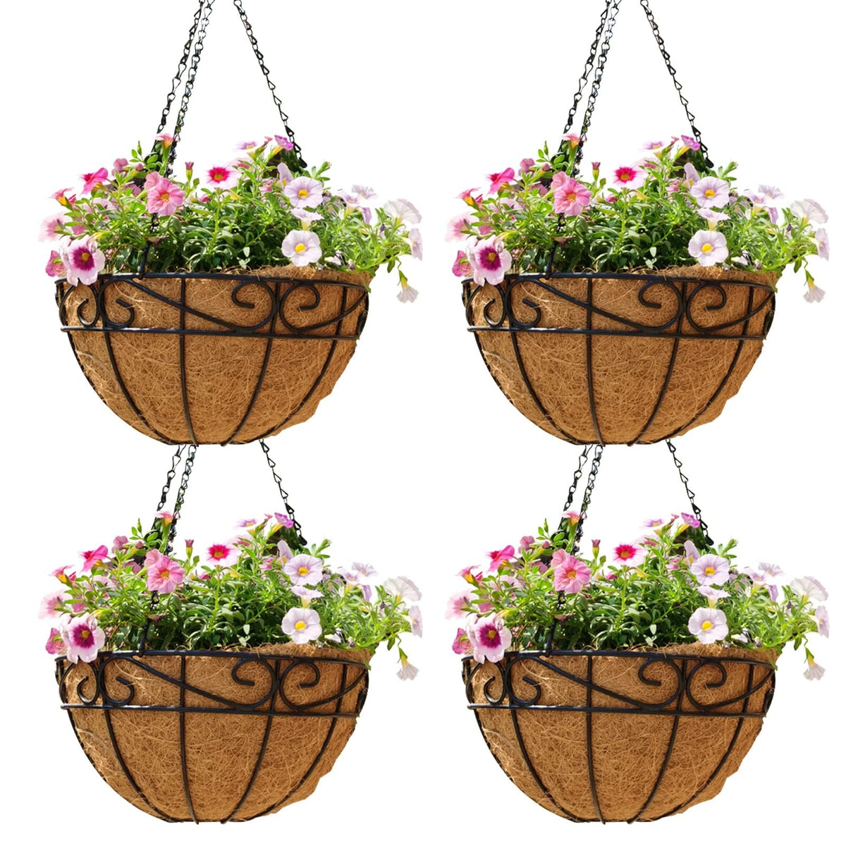 JFFLYIT 14-inch round metal hanging basket four-pack on a porch for space-saving plant displays.
