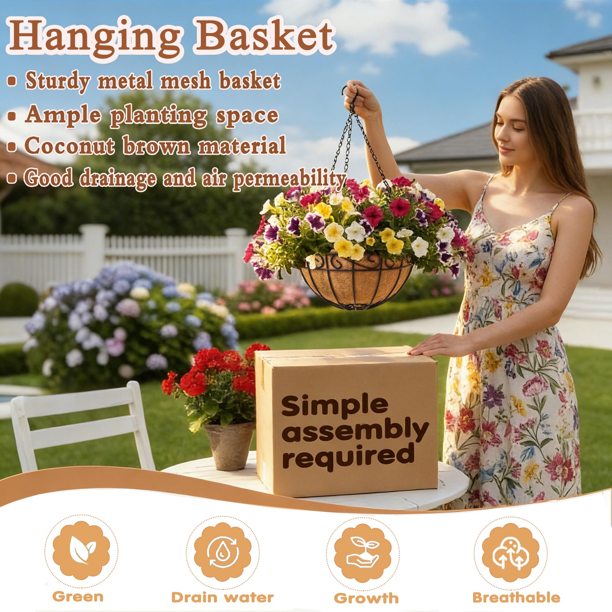 JFFLYIT coconut fiber liner detail in hanging basket showing natural aeration and moisture retention.