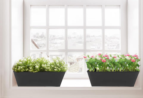 JFMAMJ black railing planter box offers sleek outdoor decor.